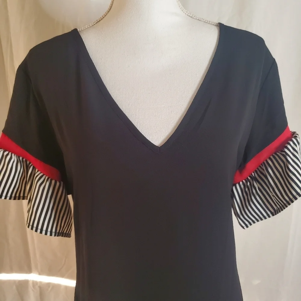 SHEIN Women's Contrast Stripped Flounce Sleeve Smock Dress NWOT - Picture 6 of 14